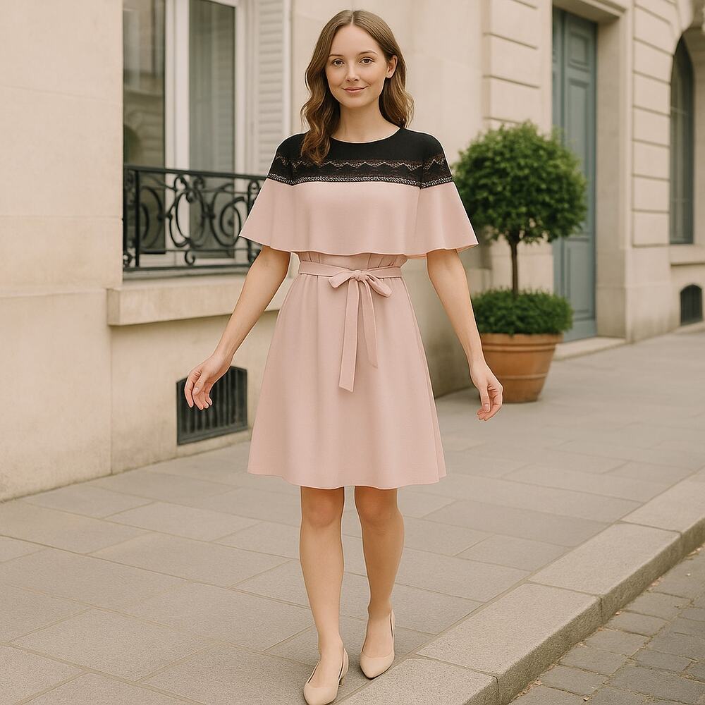 YYIGAL Pink Belted Cape Dress Lace Trim Keyhole Back Cocktail Dress Size Medium